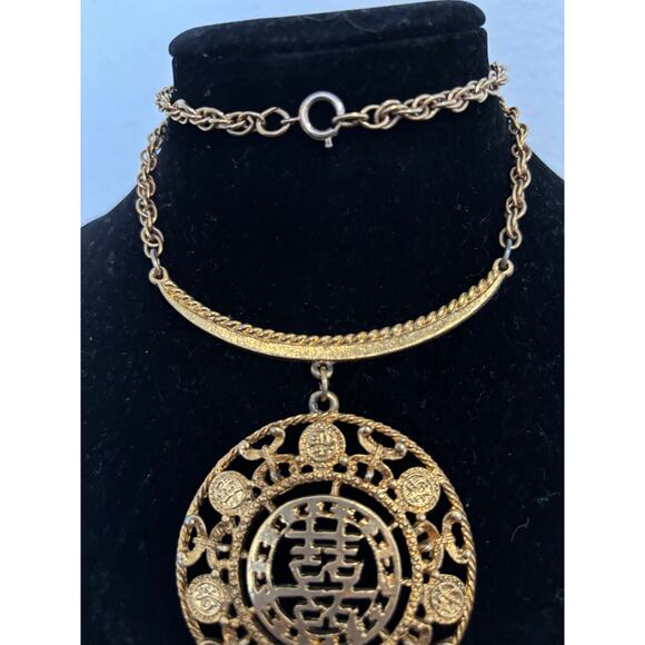 Vintage Gold Tone Green Glass Statement Necklace Goldette? 60's - Picture 3 of 5